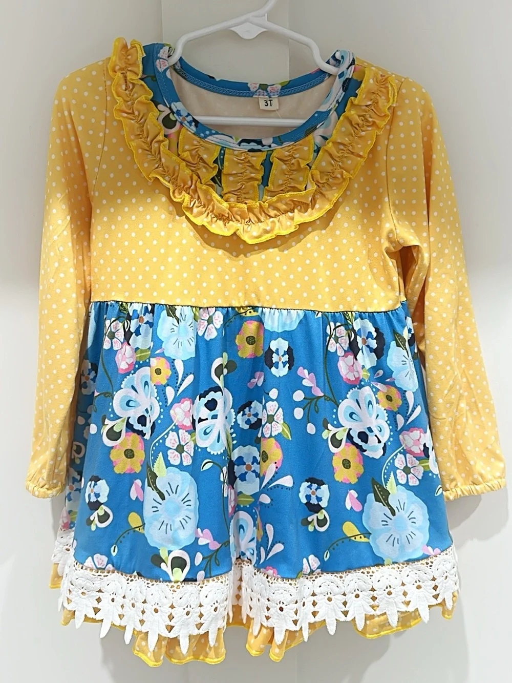 Girls Yellow & Blue Floral Ruffle Tunic - Brand
